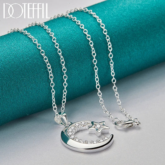 vDOTEFFIL 925 Sterling Silver Moon Star AAA Zircon Pendant Necklace 18-30 Inch Chain For Woman Wedding Engagement Party Jewelry