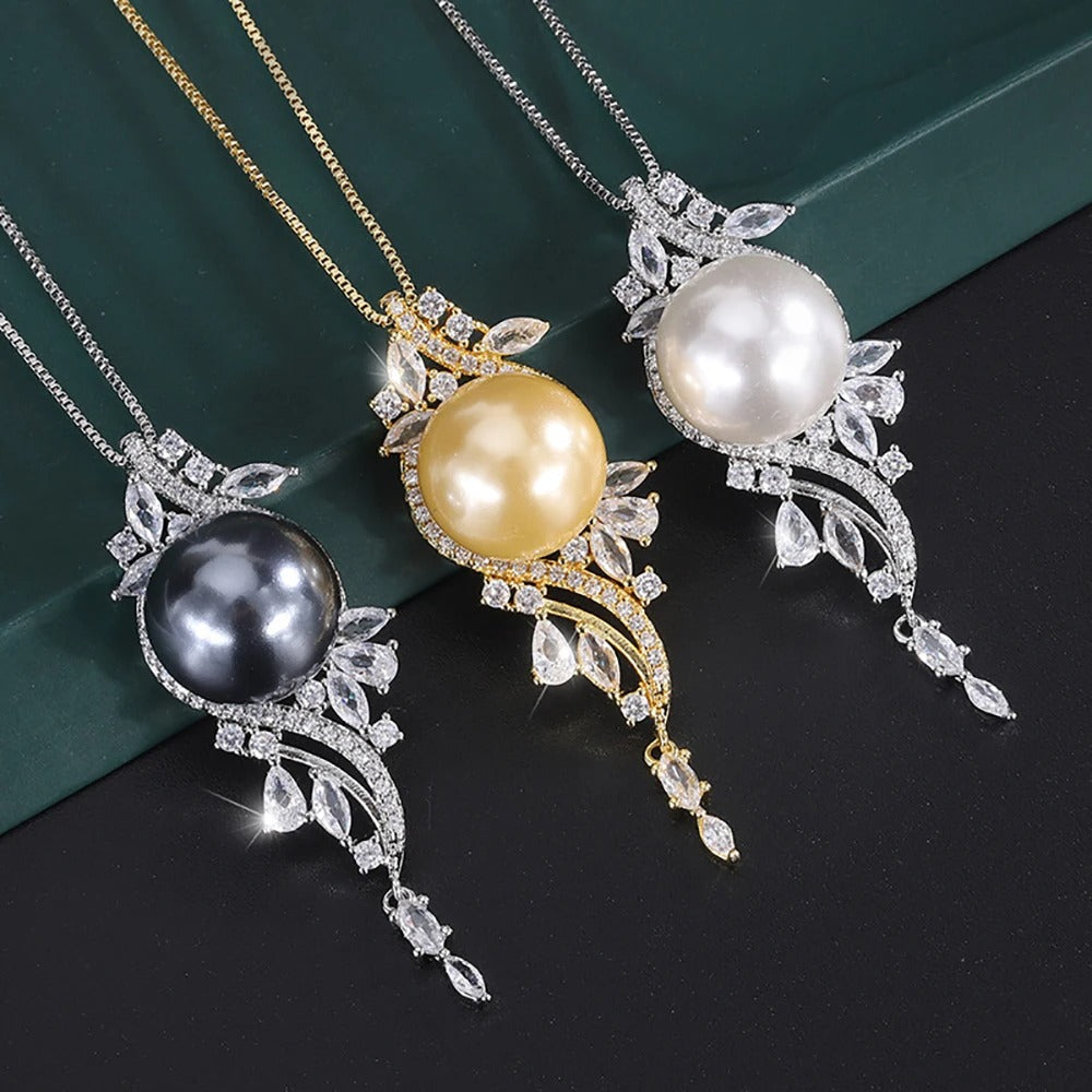 2022 Charms 14mm Black White Big Pearl Pendant Chains Necklace for Women Lab Diamonds Luxury Anniversary Gift Party Fine Jewelry