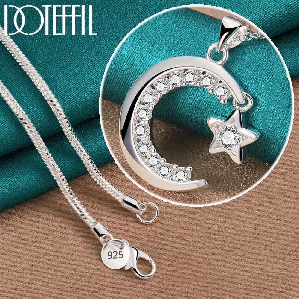 vDOTEFFIL 925 Sterling Silver Moon Star AAA Zircon Pendant Necklace 18-30 Inch Chain For Woman Wedding Engagement Party Jewelry