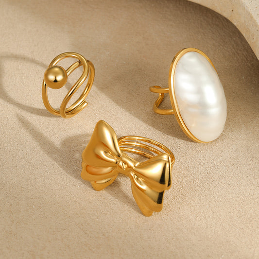European And American Ins Niche Oval Egg-shaped Pearl Ring Titanium Steel Ring