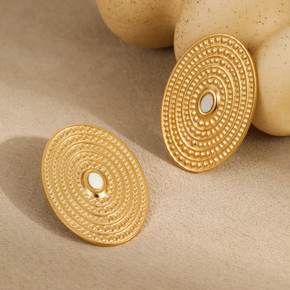 European And American Exaggerated French Oval Spiral Disc Stainless Steel Earrings 18K Gold Plating
