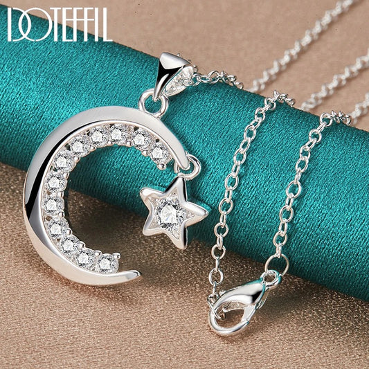 vDOTEFFIL 925 Sterling Silver Moon Star AAA Zircon Pendant Necklace 18-30 Inch Chain For Woman Wedding Engagement Party Jewelry