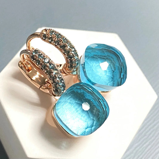 10.6mm Nudo Earrings Inlay Blue Topaz Zircon 30Colors Crystal Earrings Rose Gold Plated Amethyst Fashion Jewelry For Women