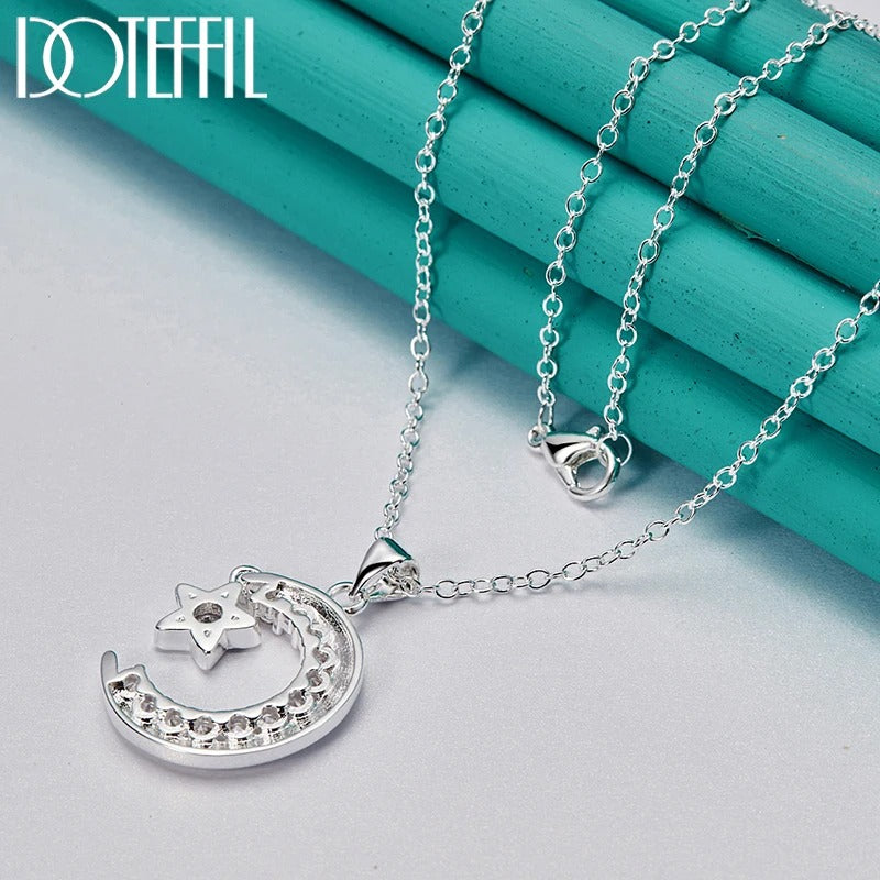 vDOTEFFIL 925 Sterling Silver Moon Star AAA Zircon Pendant Necklace 18-30 Inch Chain For Woman Wedding Engagement Party Jewelry