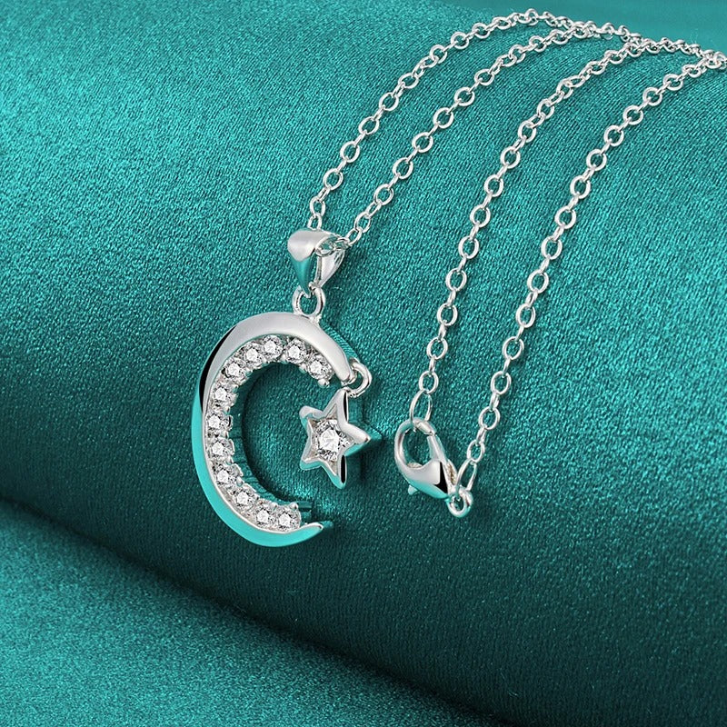 vDOTEFFIL 925 Sterling Silver Moon Star AAA Zircon Pendant Necklace 18-30 Inch Chain For Woman Wedding Engagement Party Jewelry
