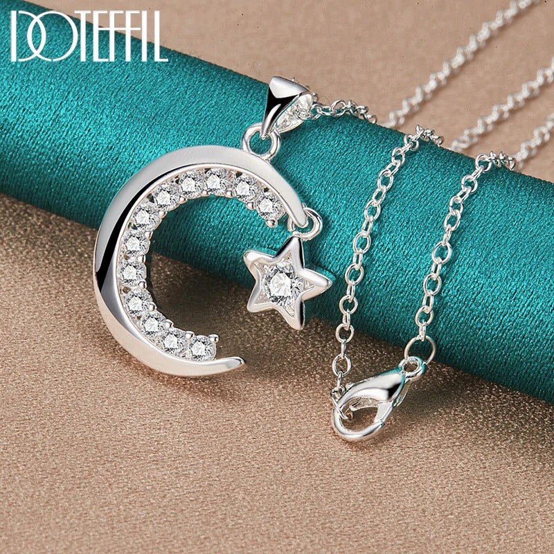 vDOTEFFIL 925 Sterling Silver Moon Star AAA Zircon Pendant Necklace 18-30 Inch Chain For Woman Wedding Engagement Party Jewelry
